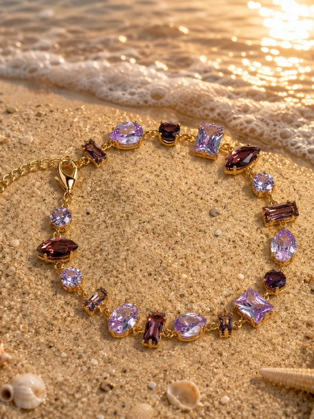 Gold Bracelet with Purple and Lavender Gemstones